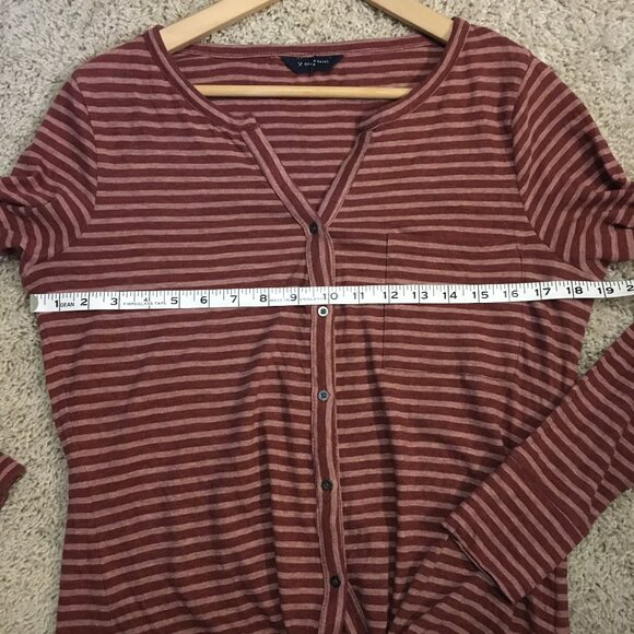 100% Cotton Long Sleeve Tie Hem Raspberry and Peach Pinstripe Top - Picture 12 of 16